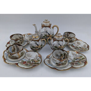 Antique Kutani Japan Eggshell Thin Porcelain Tea Set Luncheon Snack Set for 4